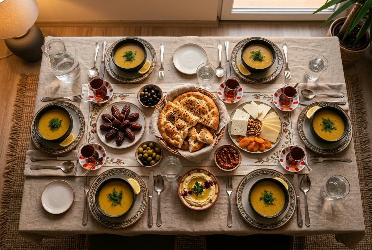 Pide, hurma ve çorbayla hazırlanmış geleneksel iftar yemeği