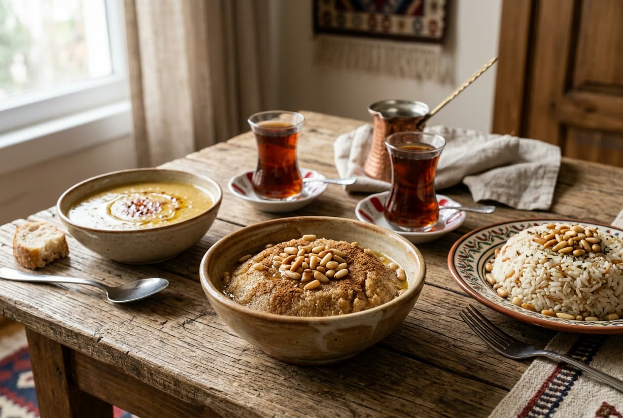 İrmik helvası, çorba ve pilavla hazırlanmış sade taziye yemeği